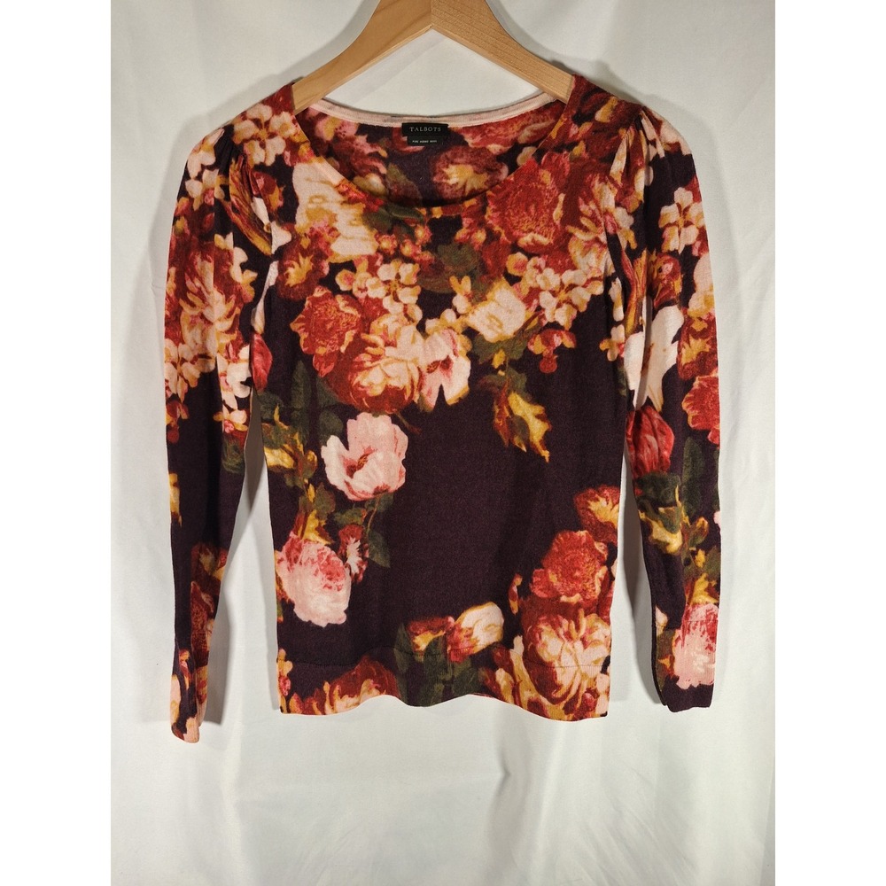 Talbots Pure Merino Wool Floral Sweater Burgundy Pink Orange Puff Sleeve Small